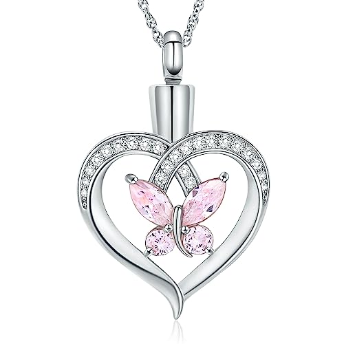 Imrsanl Butterfly Heart Pendant Cremation Urn Necklace for Women - color: Silver-Pink
