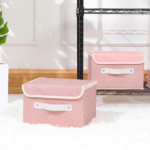 ANMINY Fabric Storage Box Bins with Lids, Rose Print, Pink, Medium | Keepsake Memory Storage, Nonwoven Fabric, PP Board Frame, Washable, PU Handles, Foldable Stackable, Decorative, 13"x9"x7.9" - size: Medium (Pack of 1)