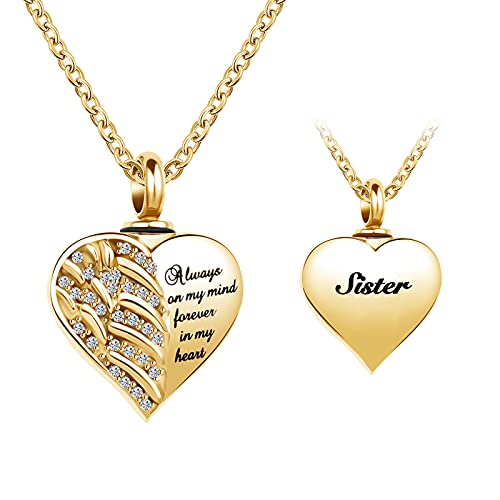 Gold Heart Cremation Jewelry for Mom Papa Sister Ashes Angel Wing Urn Necklace Memorial Keepsake Pendant Jewelry - style: Sister