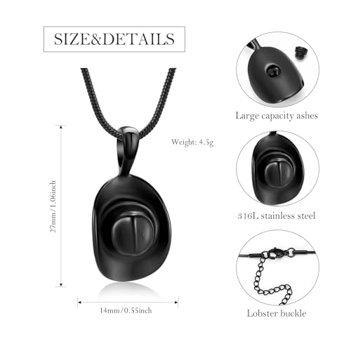 Hearbeingt Cowboy Hat Urn Necklace for Ashes Cremation Jewelry - color: Black