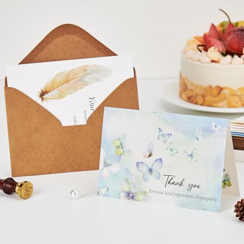 Crisky 50 PK Funeral Thank You Cards with Envelopes, Thank You for Your Sympathy Cards Watercolor Flowers Butterflies Bereavement Sympathy Thank You Cards for Funeral Family Friends