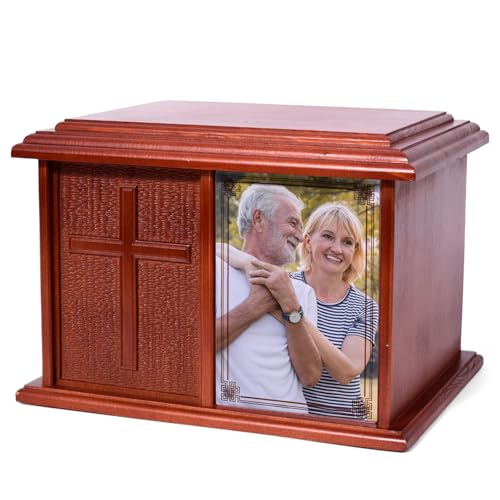 Double Companion Urn for 2 Adults Holds Up to 400 Cubic Inches Wooden Cremation Urn for Human Ashes with 4 x 6 Photo Frame Carved Cross Memorial Urn for Husband Wife Parents