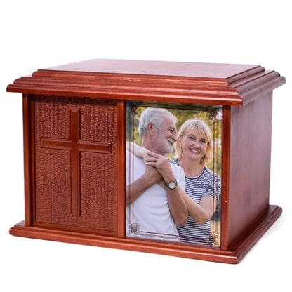 Double Companion Urn for 2 Adults Holds Up to 400 Cubic Inches Wooden Cremation Urn for Human Ashes with 4 x 6 Photo Frame Carved Cross Memorial Urn for Husband Wife Parents