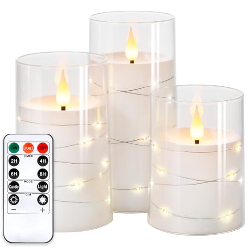 NURADA Flickering Flameless Candles: Built-in Star String Lights Acrylic 3D Wick Battery Operated LED Pillar Candles with Remote and Timer for Romantic Mood Home Decoration - 3 Pack Pure White - color: Pure White, size: 4-5-6 inches
