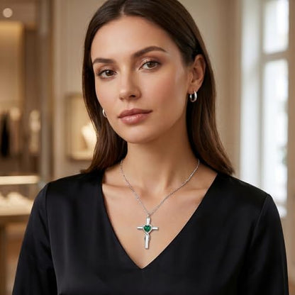 YYB Urn Necklace for Ashes Women Heart Birthstone Cross Cremation Jewelry | Memorial Keepsake Funeral Jewelry for Loved Ones (with Funnel Filler) - color: 05-May-Emerald