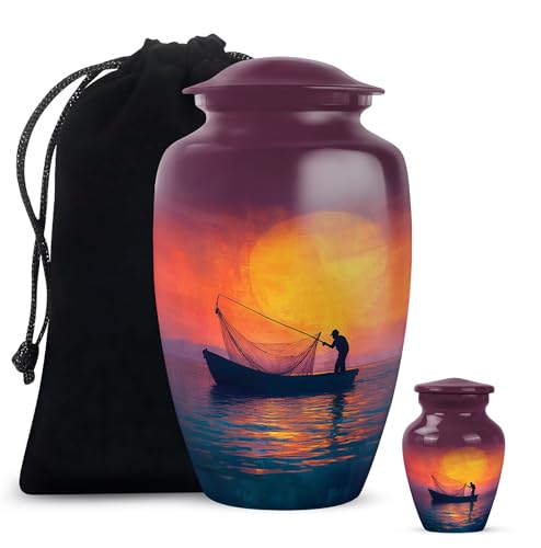 Fisherman Memorial Urns for Human Ashes, Fishing Keepsake Urn for Ash, Adult Funeral Remains, Decorative Gift for Male & Female, Combo, Purple (10 Inch & 3 Inch Mini) - color: Fishing Urn -3, size: 10"+3"Combo-1