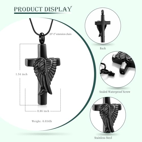 Cross Cremation Jewelry Urn Necklaces Cross Angel Wings Urn Necklaces for Ashes Memorial Keepsake Pendant for Women Men Gifts With Funnel Kit & Bag - color: Black