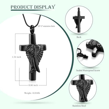 Cross Cremation Jewelry Urn Necklaces Cross Angel Wings Urn Necklaces for Ashes Memorial Keepsake Pendant for Women Men Gifts With Funnel Kit & Bag - color: Customize