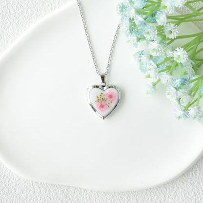 Heart Locket Necklace That Holds Pictures Pressed Flower Photo Locket Pendant Necklace for Girl Women Gift for Her - style: forget me not pink-silver