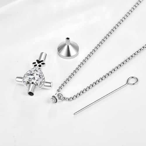 Dreamboat Pet Cremation Urn Necklaces for Dog Cat Ashes 925 Sterling Silver Paw Print Keepsake Pendant Memorial Jewelry Gifts for Women Men - style: 01G-Silver Cross Vial