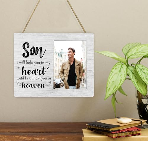Son Memorial Picture Frame, I Will Hold You in My Heart Remembrance Wooden Photo Frame Gifts for Loss of Son, 4x6 inch Photo - style: Son Remembrance Memorial