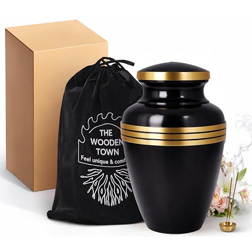 Cremation Urn for Human Ashes Adult Male/Female, 200+ Cubic Inch Capacity, 10 x 7 Inch Metal Funeral Urn with Secure Screw-Top Lid, Avlon Midnight Black Gold, Velvet Bag Included - color: Midnight Black Gold, size: Avlon 10x7