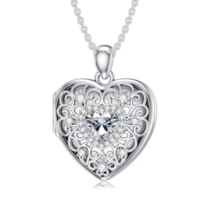 Heart Locket Necklace 925 Sterling Silver Personalized Picture Locket Pendant Birthday Christmas Jewelry Memorial Gifts for Women - color: April Crystal Locket