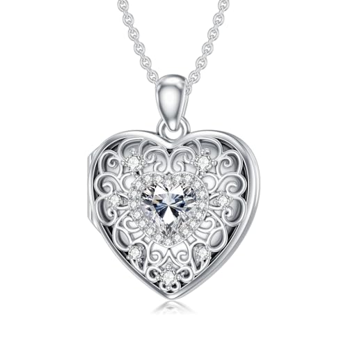 Heart Locket Necklace 925 Sterling Silver Personalized Picture Locket Pendant Birthday Christmas Jewelry Memorial Gifts for Women - color: April Crystal Locket