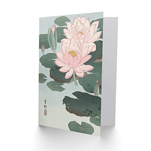 Artery8 Ohara Koson Flowering Water Lily Painting Fine Art Greeting Card Plus Envelope Blank Inside - color: Flowering Water Lily