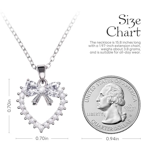 Bow Heart Pendent Pendant Necklace for Women White Crystal Necklace Dainty Silver Plated Necklace Bow Jewelry with Zirconia, Heart Choker Necklaces for Her Gifts - style: White heart