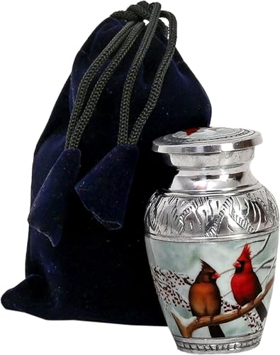 HLC Beautiful Small Cardinal Couple Bird Keepsake Urn - Memorial for Human Ashes with Velvet Box Bag - Peaceful Engraved Mini Affordable Urn (4.5 in) (Large) - size: Mini