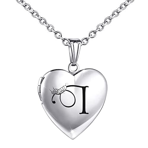 MUERDOU Butterfly Locket Necklace that Holds Pictures Initial Alphabet Letter Heart Shaped Photo Memory Locket Pendant Necklace - style: I