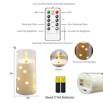 Flickering Flameless Candles with Remote Timer, 6pcs LED Battery Operated Candles with Embedded String Lights White, D3 H6 - color: White