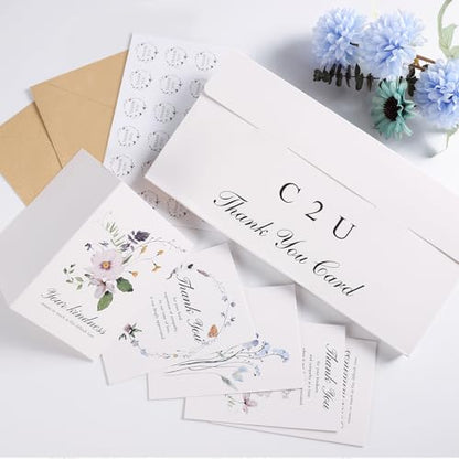 C2U Funeral Thank You Cards with Envelopes(100 Pack 4"x6"),Stickers & Message Inside - Wildflower Bereavement Sympathy Thank You Cards for Funeral Family Friends Loved Ones - color: 100 Flower cards