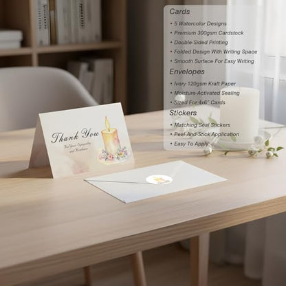 Funeral Thank You Cards with Envelopes & Stickers, 40 Pack 4x6 Inch Folded Bereavement Sympathy Thank You Cards with Message Inside, 5 Watercolor Designs for Memorial Service, Family, Friends & Loved Ones (Watercolor A)