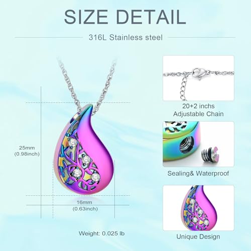 Tree of Life Teardrop Urn Necklace for Ashes Teardrop Crystal Cremation Jewelry Celtic knot Ashes Pendant Stainless Steel Keepsake Memorial Jewelry for Women Men - color: Rainbow