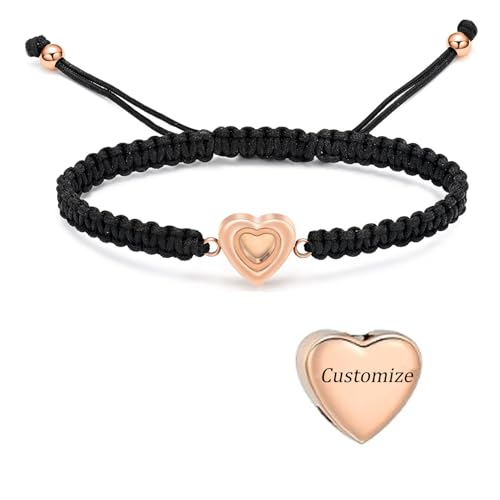 Urn Bracelet for Ashes Glass Heart Cremation Bracelet Stainless Steel Urn Bracelet for Ashes Manmade Braided Adjustable Rope Keepsake Memorial for Jewelry for Women Men - color: customize