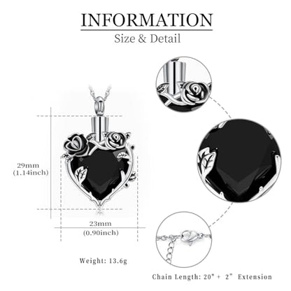 shajwo Cremation Jewelry Rose Flower Heart Urn Necklaces for Ashes for Women Memorial Human Ashes Pendant - color: Black