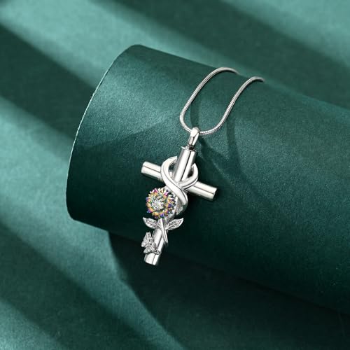 Cross Sunflower Cremation Jewelry Urn Necklaces Cross Urn Pendant Necklaces for Ashes Memorial Keepsake Pendant for Women Men Gifts With Funnel Kit & Bag - color: Rainbow