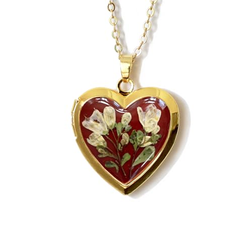 Handmade Dried Pressed Flower Heart Shaped Photo Locket Pendant Necklace - color: Gold, style: White Flower on Dark Red