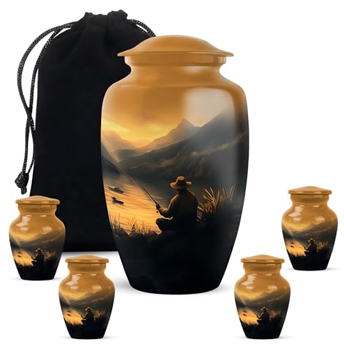 Fishing Adult Cremation Funeral Urn for Human Ashes, Keepsake Memorial Gift for Father & Mother, Beautiful Handcrafted Small Urns for Ash, Combo, Yellow (10 Inch & 3 Inch Mini Set of 3) - color: Fishing Urn -1, size: 10"+3"Combo-3
