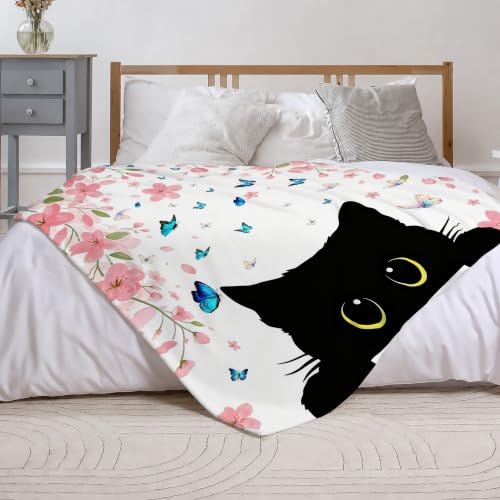 Black Cat Fleece Throw Blanket, Flowers Flannel Blankets for Couch 50"×60" - color: Black Cat