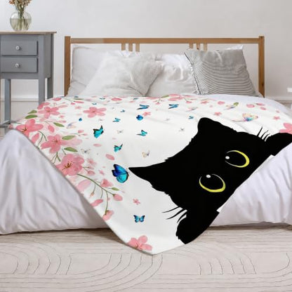 Black Cat Fleece Throw Blanket, Flowers Flannel Blankets for Couch 50"×60" - color: Black Cat