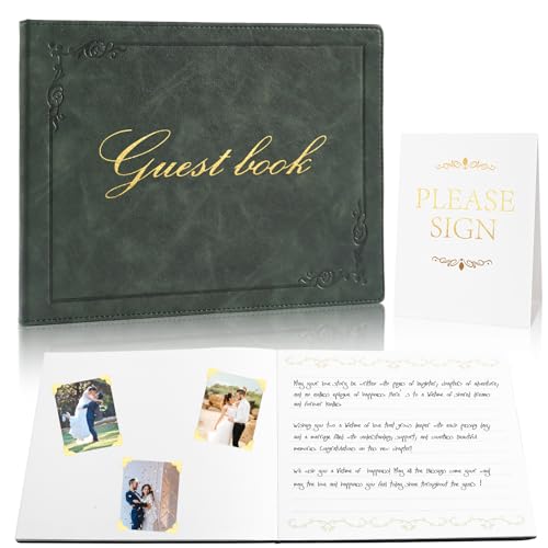 8x10 Leather Guest Book and Standup Sign Set, Gold Foiled Cover Registry Book for Wedding Reception, Retirement Party, Vacation Homes and Events, 120 Pages (Green) - color: Green