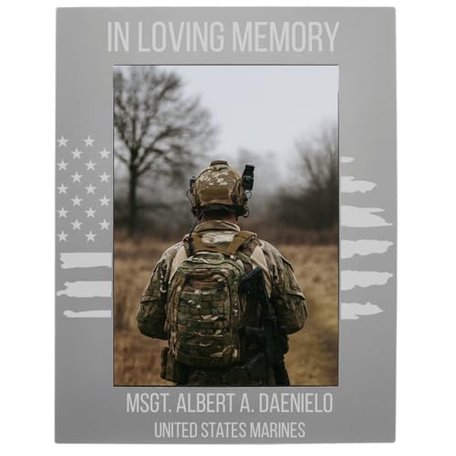 CustomGiftsNow In Loving Memory, Personalized Miltary Service Member, Custom Text Engraved Anodized Aluminum Hanging/Tabletop Personalized Portrait Group Family 4x6 Photo Grey Picture Frame