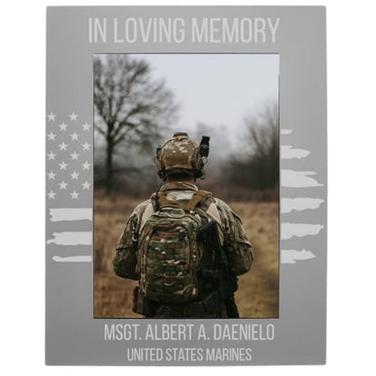 CustomGiftsNow In Loving Memory, Personalized Miltary Service Member, Custom Text Engraved Anodized Aluminum Hanging/Tabletop Personalized Portrait Group Family 4x6 Photo Grey Picture Frame