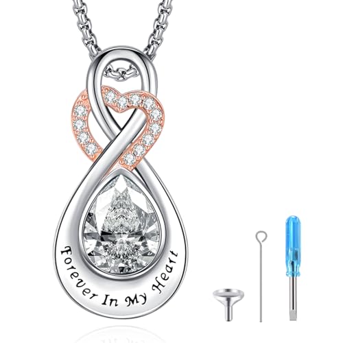 Infinity Urn Necklace for Ashes Sterling Silver Heart Moonstone Turquoise Birthstone Keepsake Memorial Cremation Jewelry for Women - style: Infinity A-04-Apr.-CZ
