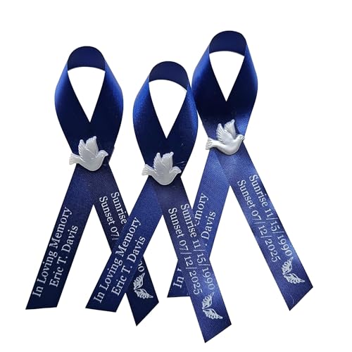 Amy's Bubbling Boutique 20 Personalized Memorial Service Ribbon Pins for Funeral Celebration of Life Name & Dates - Custom Ribbon Made Assembled Awareness