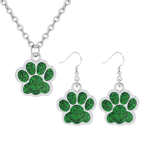 Dreuyet Paw Necklace and Earrings Set for Women Glitter Cute Dog Cat Pet Paw Print Pendant Necklace Earrings Lovely Animal Charm Jewelry Set Gifts - color: Silver Green