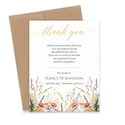 Personalized Thank You Cards After Funeral with Envelopes, FLAT Note Cards, Floral Funeral Thank You Cards, Wildflower Stationery, Celebration of Life Cards, Your Choice of Quantity and Envelope Color