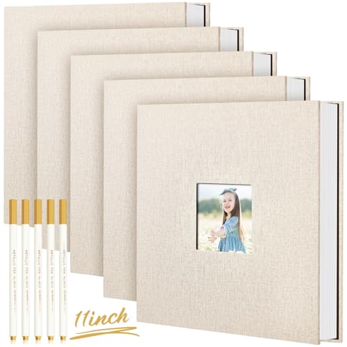 Jetec 5 Pcs 11 x 10.6 Inch Large Photo Album Self Adhesive, Beige | 40 Blank Pages, Photo Scrapbook, DIY Linen Cover Album with 5 Pcs Metallic Pen, Wedding Family Baby Travel Memory Pictures - color: Beige
