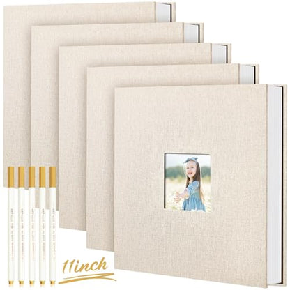 Jetec 5 Pcs 11 x 10.6 Inch Large Photo Album Self Adhesive, Beige | 40 Blank Pages, Photo Scrapbook, DIY Linen Cover Album with 5 Pcs Metallic Pen, Wedding Family Baby Travel Memory Pictures - color: Beige
