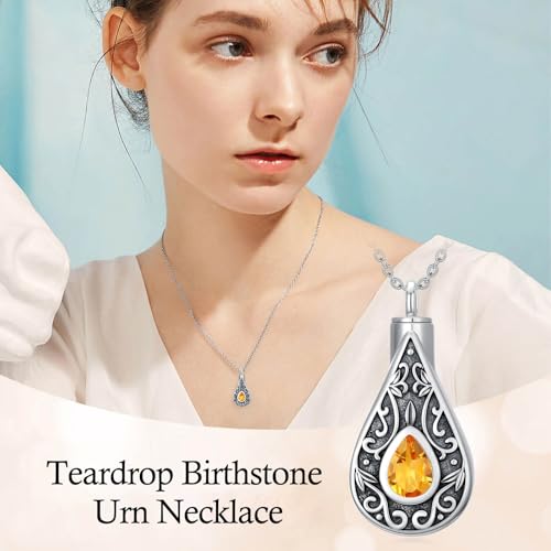 Teardrop Urn Necklace for Ashes Filigree Birthstone Keepsake Pendant Cremation Jewelry for Ashes Memorial Jewelry Gifts for Loss of a Loved One for Women - style: Nov-Citrine