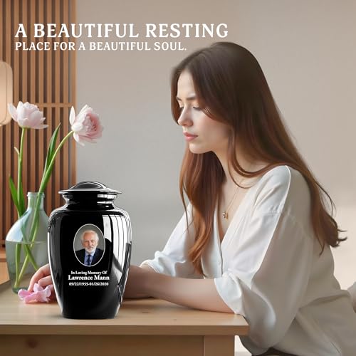 Custom Photo Cremation Urns for Human Ashes Adult Male Female - 200lbs Personalized Text Burial Urns for Human Ashes - Engraved Handcrafted Funeral Urn for Adult Velvet Bag, Black 10 Inch - color: Black