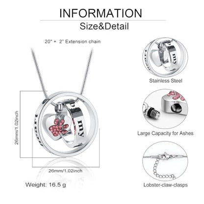 Dog Paws Cremation Jewelry Pet/Cat/Dog Paws Urn Necklaces for Ashes Stainless Steel Pet Ashes Holder Memorial Keepsakes Locket Pendant Jewelry for Men Women - color: Red