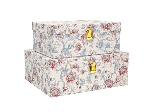 2-Piece Decorative Storage Boxes with Lids, Illustrated Botanical Floral Design in Soft Vintage Tones, Keepsake Boxes with Decorative Metal Closure, Memory Storage Boxes for Home Décor - color: Illustrated Botanical Floral