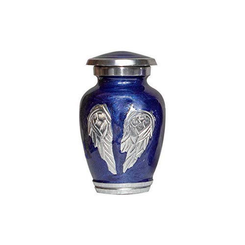 Blue Engraved Angel Wings Funeral Cremation Urn with Velvet Bag (Royal Blue, Small) - color: Royal Blue, size: Small