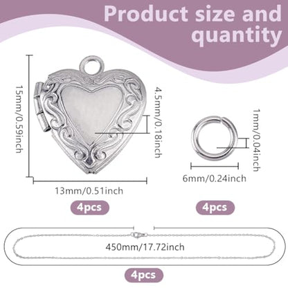 4 Sets Heart Locket Necklace Stainless Steel Photo Locket Pendant Love Shape Memory Charms Metal Heart Photo Frame Pendants for Valentine Gifts Necklace Jewelry Making