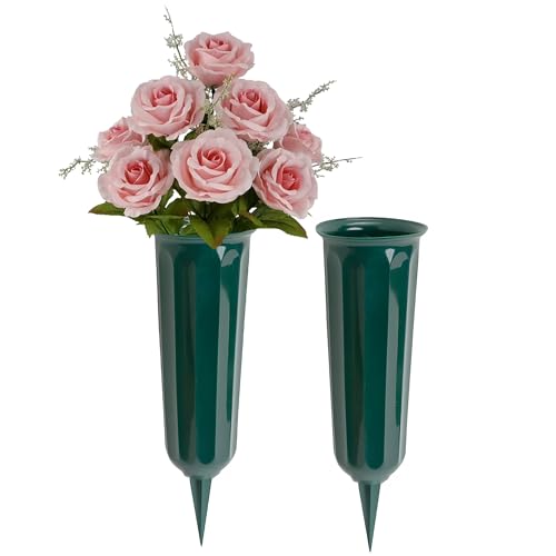 Black Duck Brand Green 9.75" Plastic Cemetery Memorial Grave Flute Flower Vases; 2 Pack