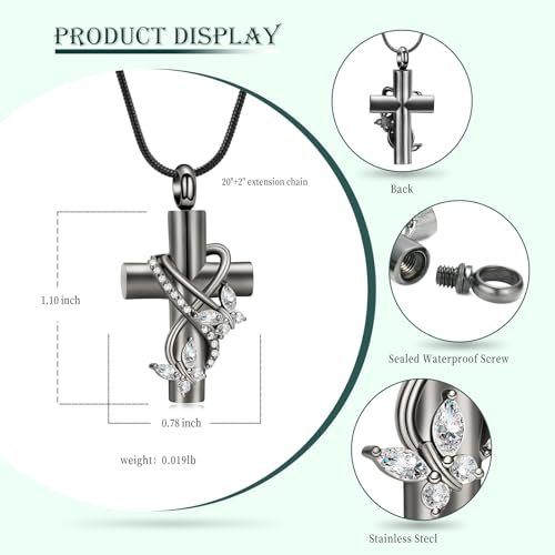 Butterfly Cross Cremation Jewelry Urn Necklaces Stainless Steel Cross Urn Necklaces for Ashes Memorial Keepsake Pendant for Women Gifts With Funnel Kit & Bag - color: Grey+White